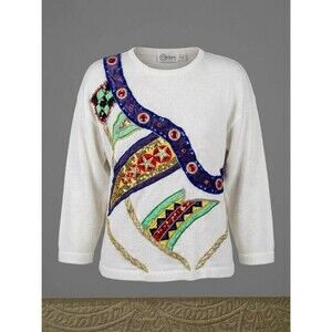 VTG 80s 90s Cedars Embellished Sequin Sweater Women’s S White Statement Abstract